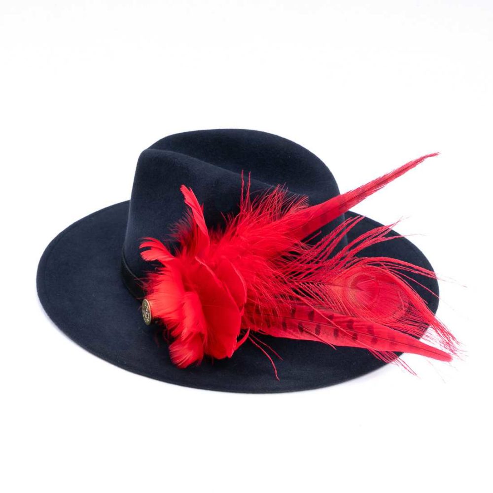 Red Distressed Faux Leather Tall Hat with Peacock Feather – LindasGifts