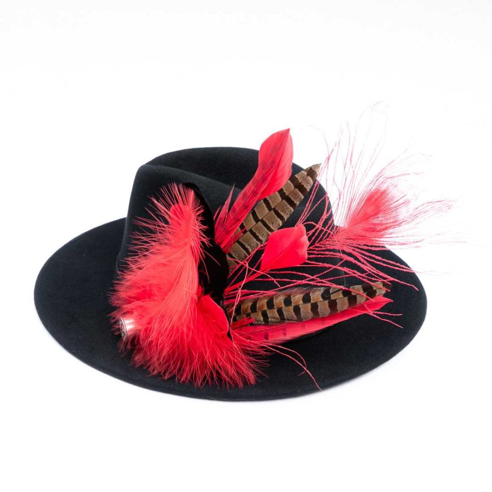 Red Distressed Faux Leather Tall Hat with Peacock Feather